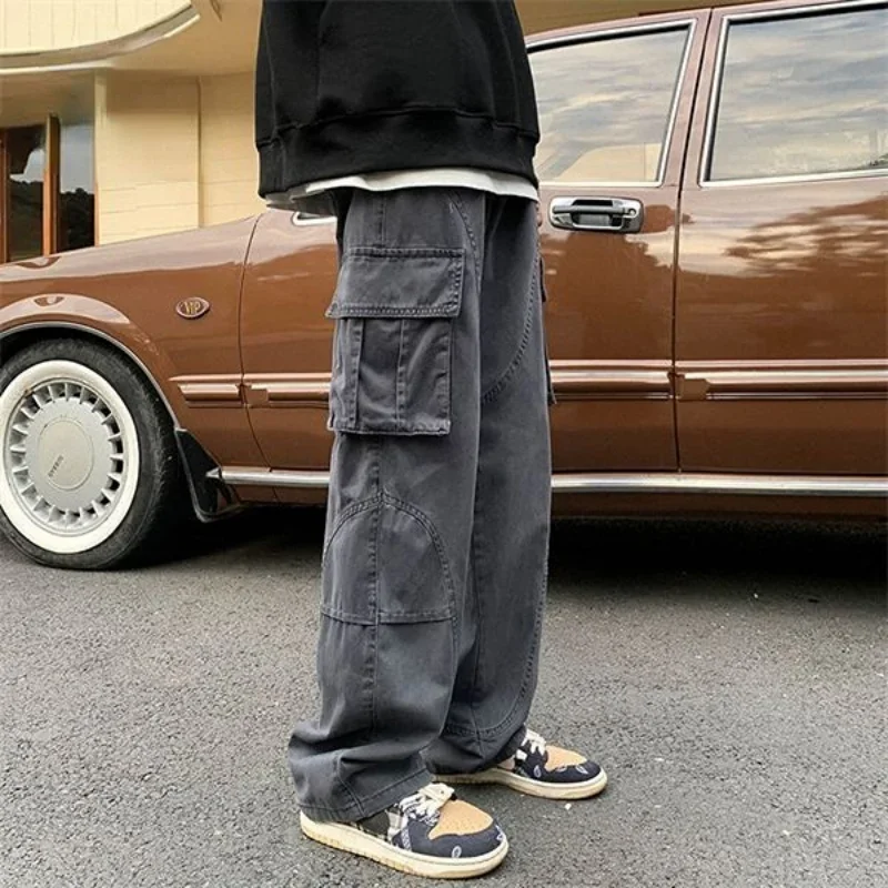 Cargo Pants for Men Grey Straight Trousers Man Wide Designer Street Long Slacks Large Size Korean Style Techwear Cotton Cheap