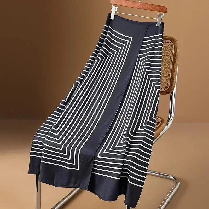 Summer New Casual Fashion Light Luxury Design Black White Striped Women Skirt High End Hepburn Style Long Skirt