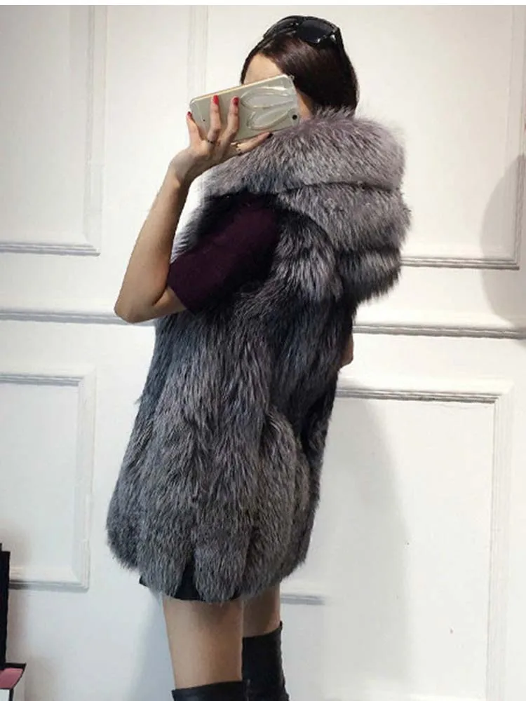 ZARORIN Trend Fashion Women FAUX Fox Fur Vest Hooded Thick Warm Female Outerwear Faux Fur Coat Mex Chaquetas Mujer