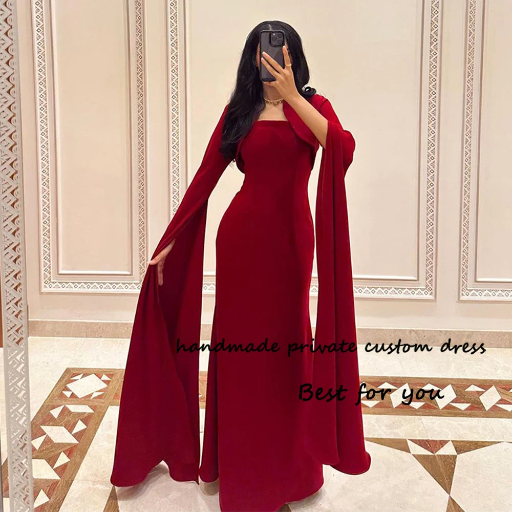 

Burgundy Satin Mermaid Evening Dresses Long Sleeve Square Neck Arabic Dubai Formal Dress Floor Length Prom Party Gowns