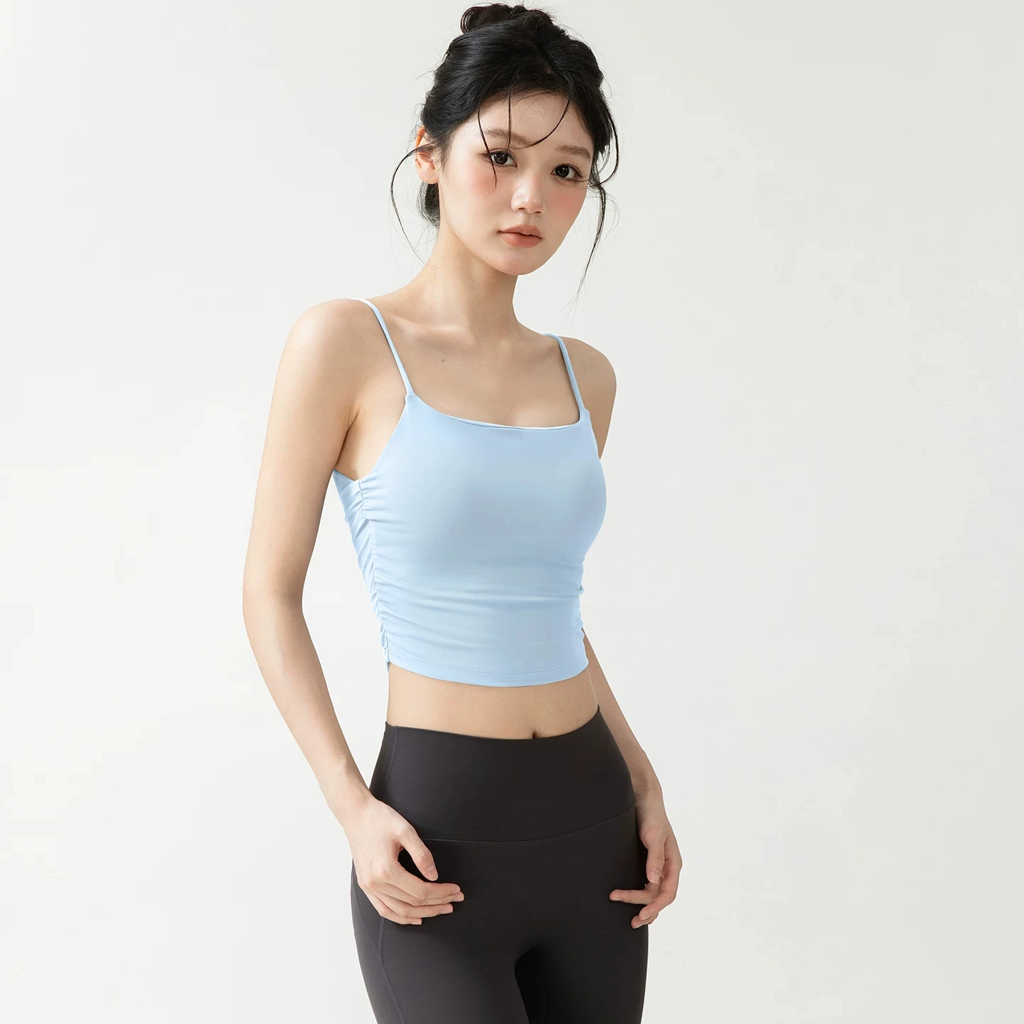 Women Spaghetti Strap Square Neck Sports Tank Top Side Shirring Slim Cropped Camisole Built-in Bra for Yoga Workout Training