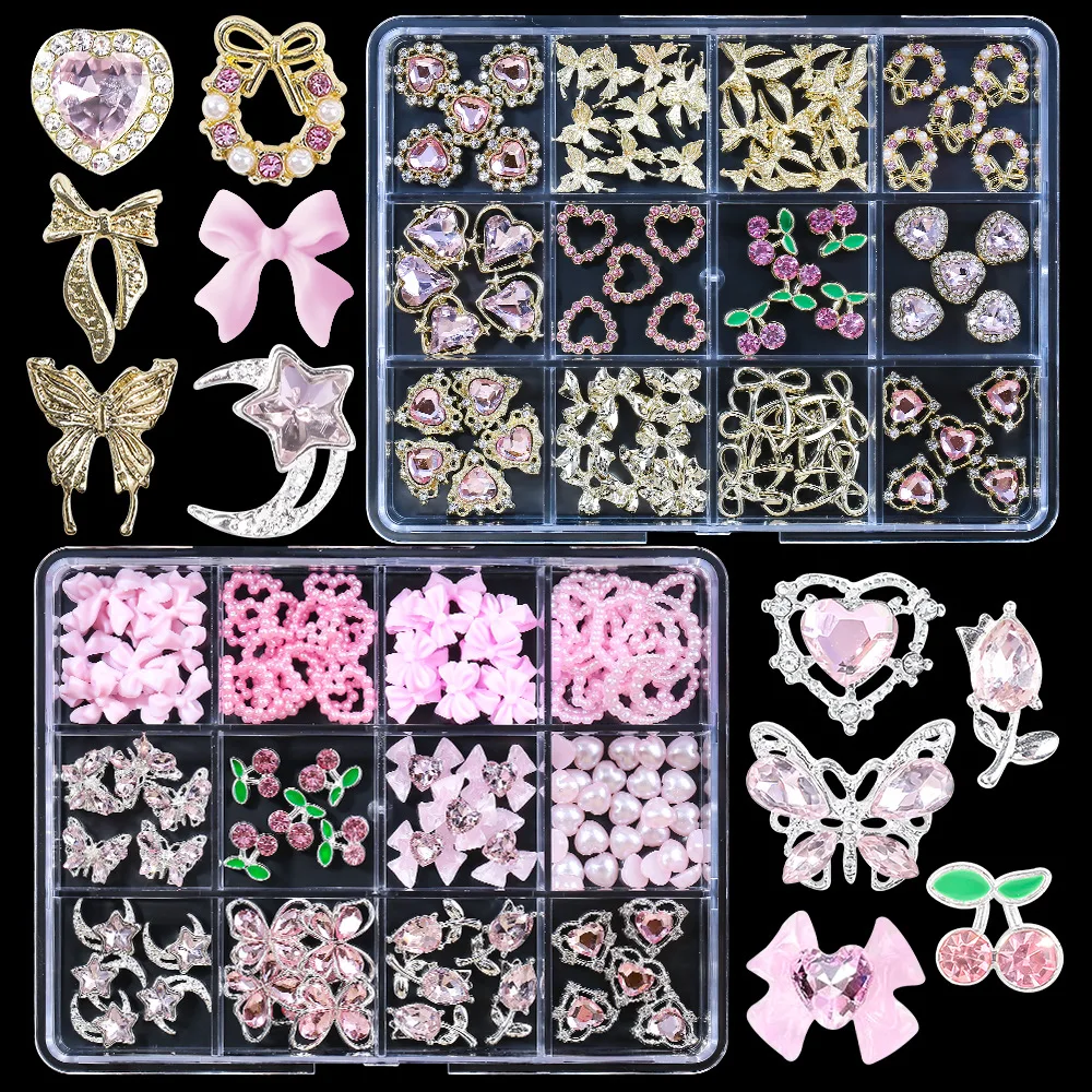 

1Box（12Grids) Multi-Style Resin Bow Nail Charms Cute Alloy Butterfly Cherry Heart Gems Nail Decoration Pink Pearl Manicure Parts