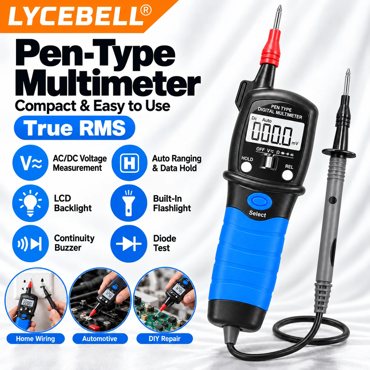 Pen Type Digital Multimeter for DIY with True RMS, AC/DC Voltage, Resistance, Diode and Continuity Test, LED Light, HoldPeak 38B