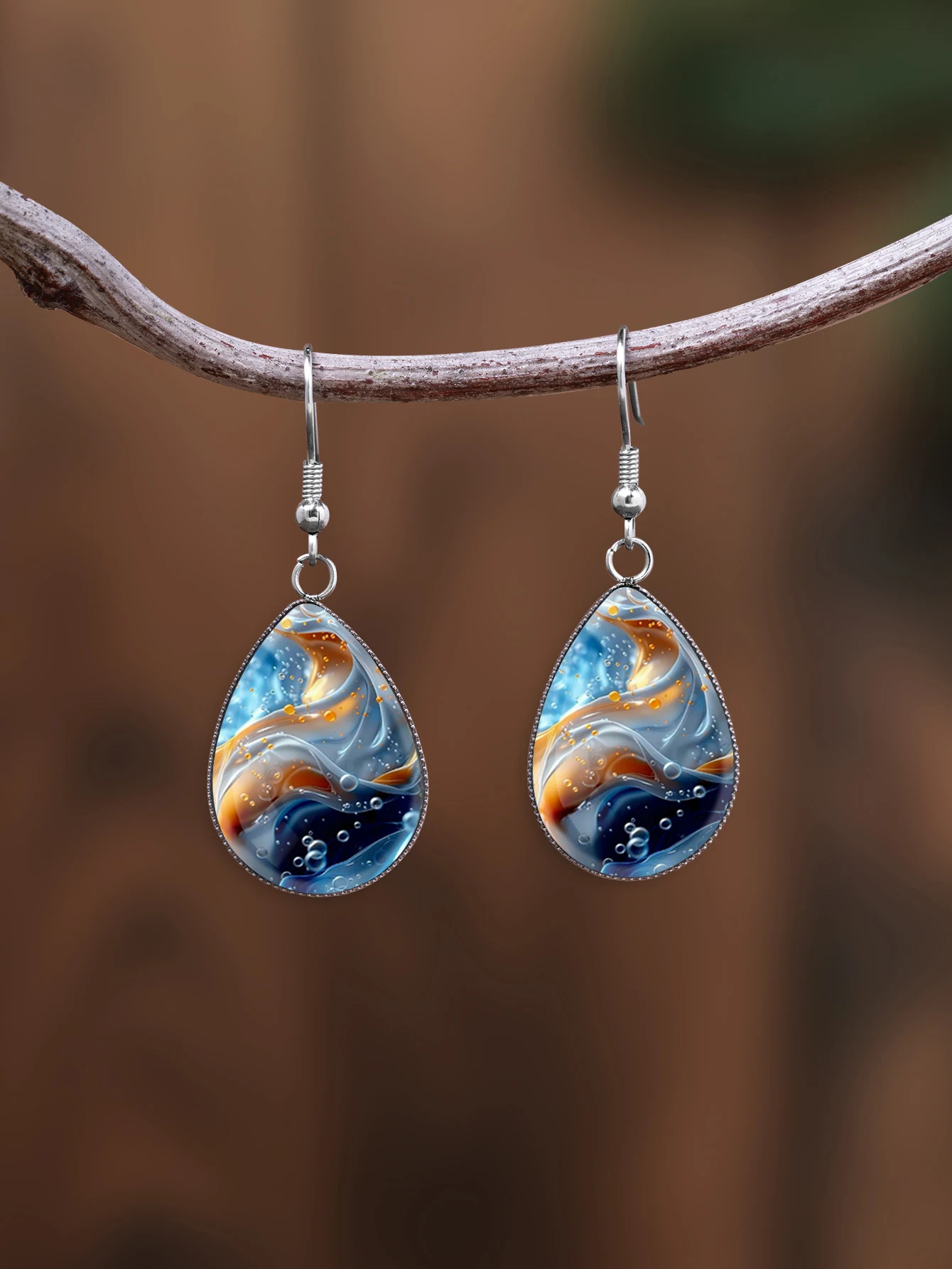 1 Pair of Vibrant and Colorful Landscape and Sea Water Pattern Earrings with Convex Glass and 316 Stainless Steel Water Drop Ear Hooks, in a Retro and Simple Style Suitable for Women for Daily Gift-Giving and Wearing, Jewelry Earrings in an Elegant and Simple Style Suitable for Women for Everyday and Vacation Wear