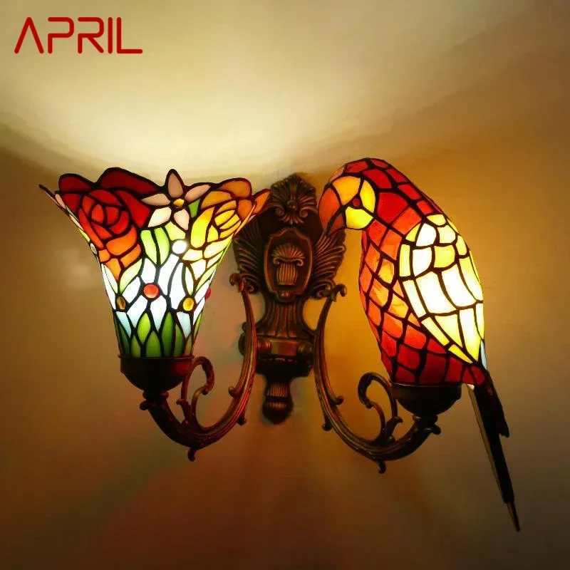 APRIL Tiffany parrot Wall Lamps American countryside Children's room Homestay Villa Hotel Stained Glass Animal Decoration Lamp