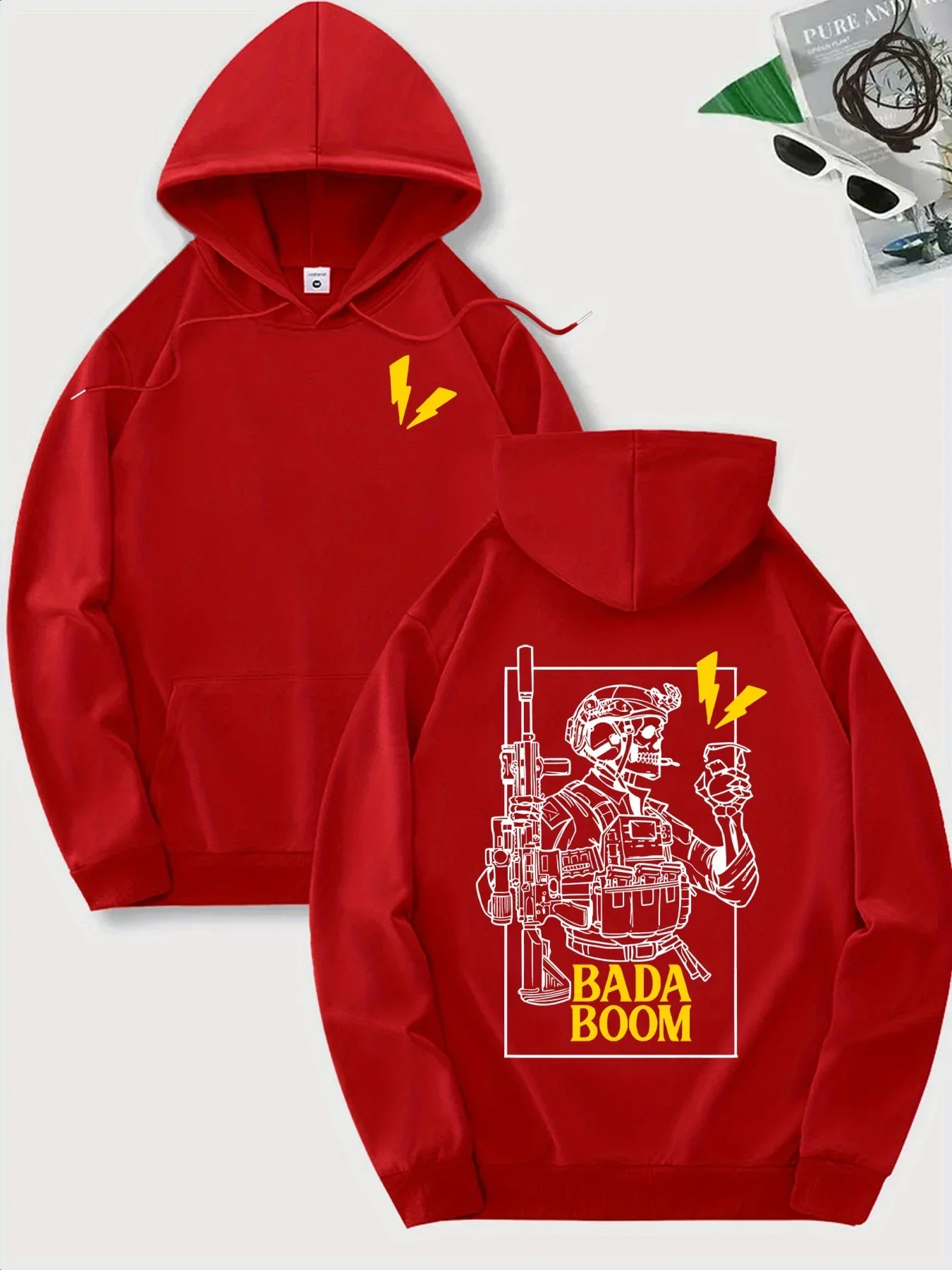 Men Trendy Army Soldier Theme Oversized Pullover Hoodie Fleece Lined Autumn Winter Loose Fit Street Fashion Sweatshirt
