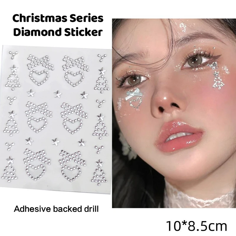 1PC 10*8.5cm Self Adhesive Patch White Snowflake Christmas Makeup Christmas Tree Stickers Rhinestone Eyes Face Temporary Tattoo