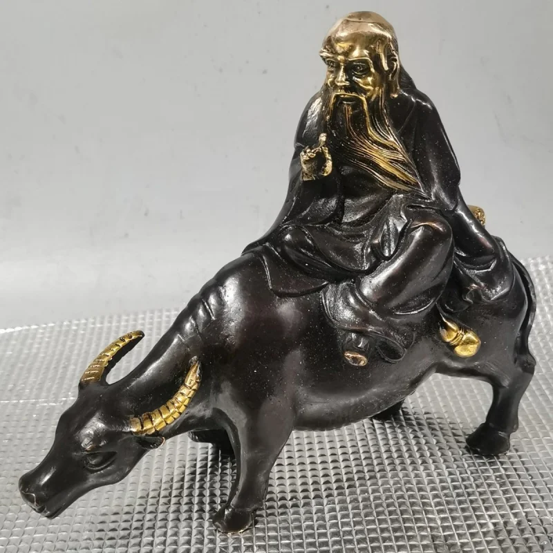 Antique-style Bronze Ornament of Leaving the Mountains, Handicraft of Brass a Cow, Lao Tzu Riding a Green