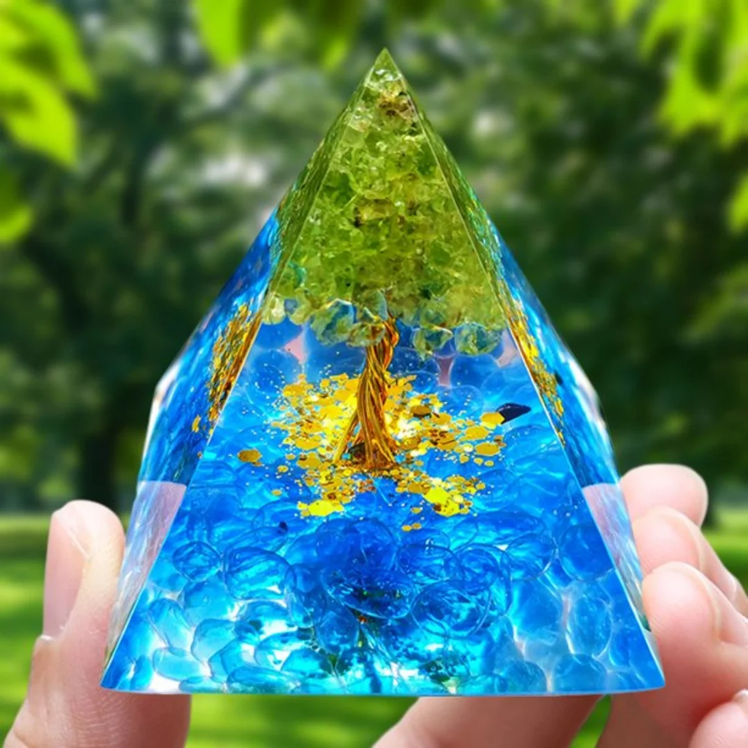 Tree of Life Orgone Pyramid Peridot Blue Crystal Energy Generator Orgonite Pyramid For Reiki Healing EMF Protection Home Decor