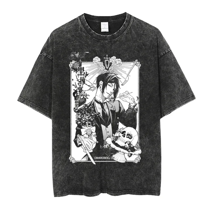 Japanese Hot Anime Black Butler Michaelis Sebastian Washed T-shirt Personality Clothes Oversized Unisex Year Round Clothing Soft