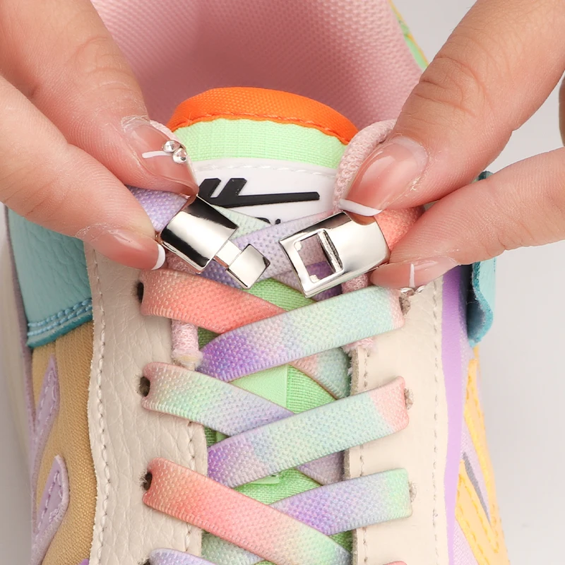 Elastic Sneaker Shoe Laces with Cross Metal Buckle No Tie Shoelaces for Adults Kids Flat Rainbow Shoelace Colorful Shoestrings