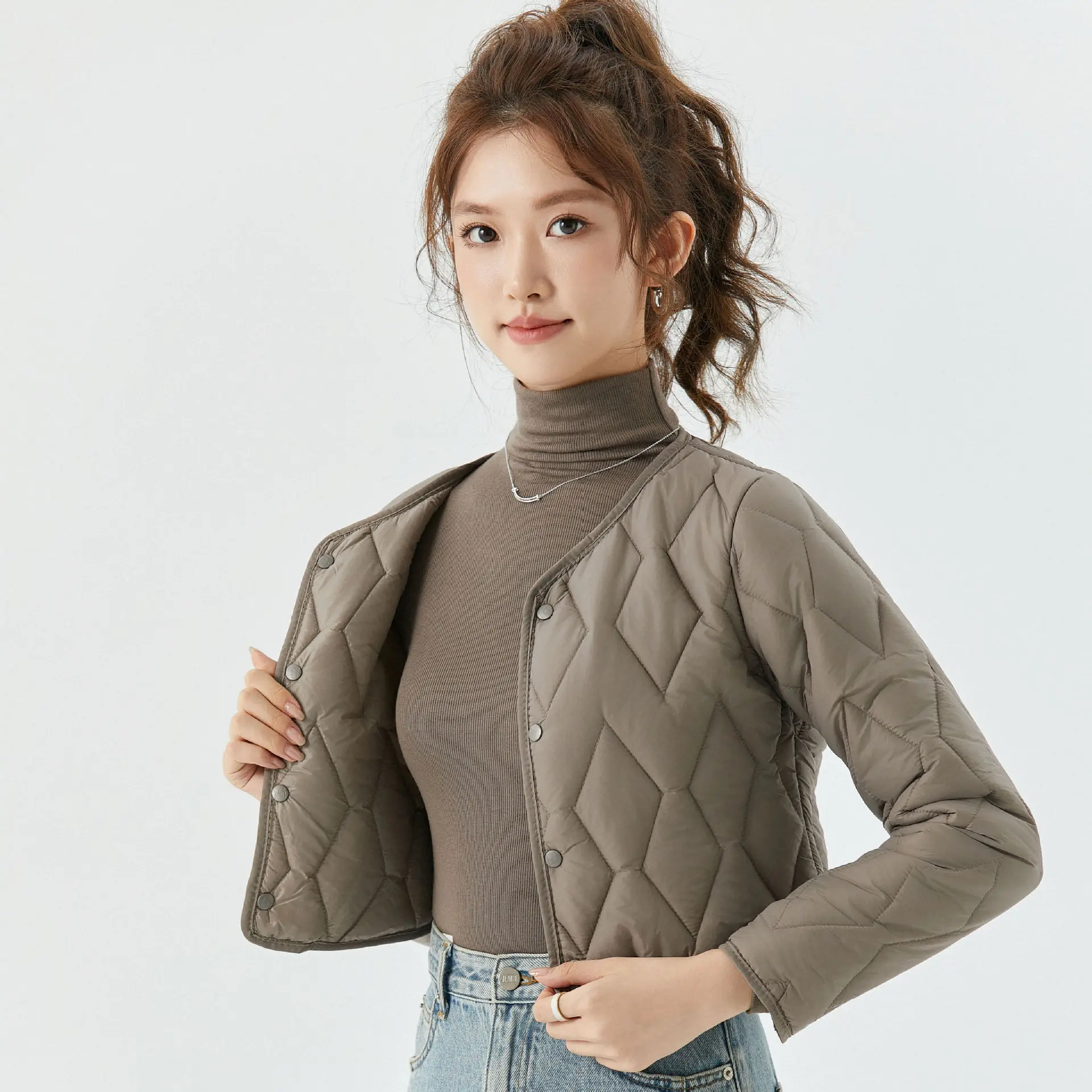 

Autumn Winter New Fashion Women's Solid Color O-neck Long Sleeve Single-breasted Quilted Jackets Female Clothes Parkas Coats
