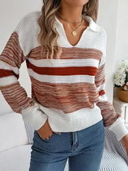 Long Sleeve Knitted Pullovers For Women 2023 Autumn Winter Casual Patchwork Color Sweater