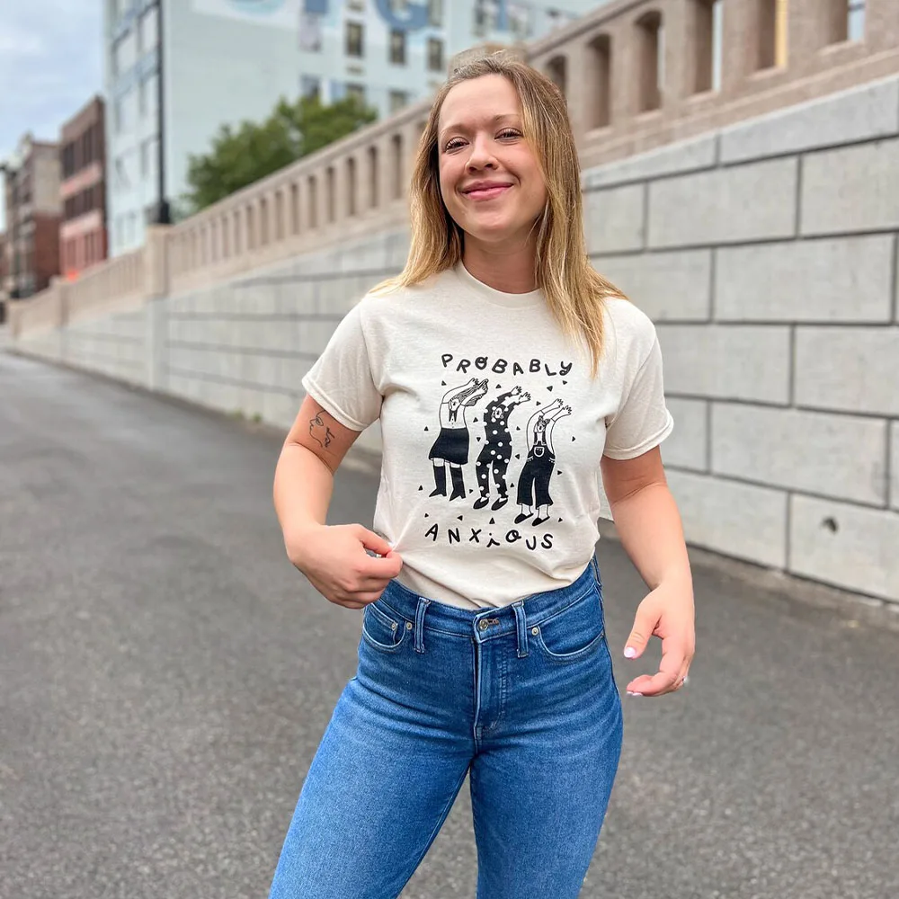 Probably Anxious Cartoon Printing Female Humor T Shirts Summer Khaki Short Sleeve 100% Cotton Tops Tumblr Fashion Aesthetic Tees