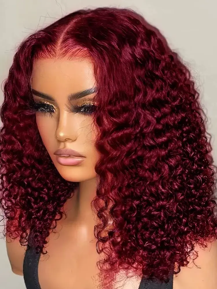 بورجوندي 99J قصيرة بوب الباروكات موجة عميقة 13x4 HD الدانتيل الجبهة خصلات الشعر المستعار الإنسان بيرو عميق مجعد غلويليس الدانتيل إغلاق الباروكات الأمامية