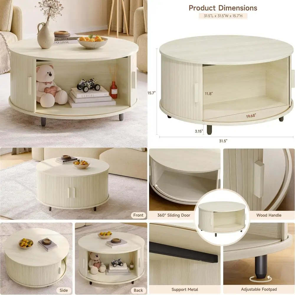 

Круглый журнальный столик для хранения вещей с поворотом на 360 градусов ° Раздвижная дверь, регулируемые пуфы, натуральный белый цвет для гостиной