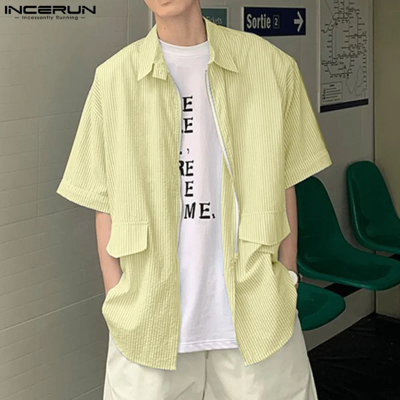 INCERUN Tops Korean Style Fashion Men Bubble Sleeve Striped Design Shirts Summer Casual Streetwear Hot Sale Short Sleeved Blouse