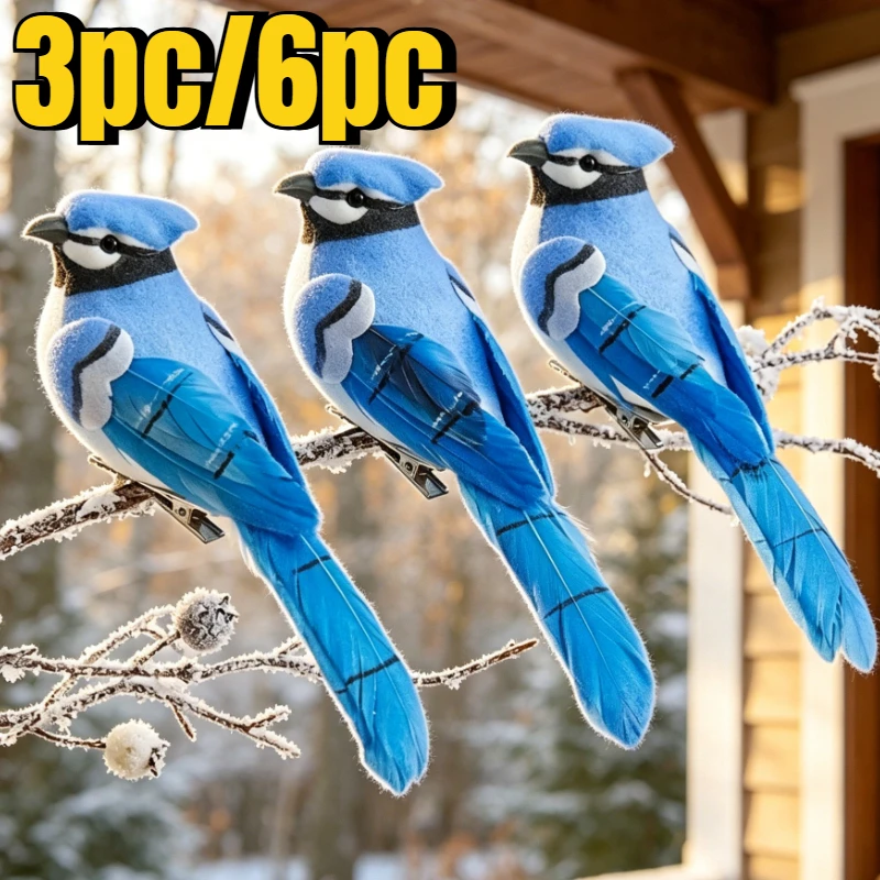 Décoration créative en mousse en forme d'oiseau bleu, 3 pièces/6 pièces, oiseau en mousse à plumes simulées, décoration d'ambiance pour la maison