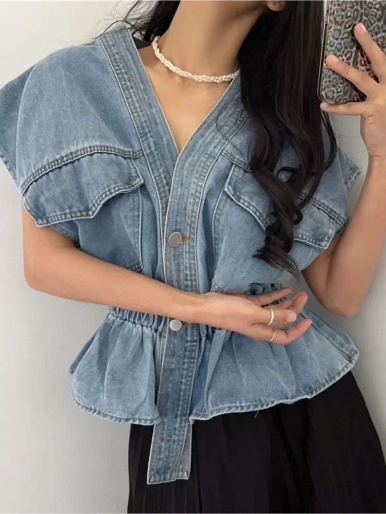 Double Pockets Denim Vest Coat 2024 Spring Summer V-neck Jackets Sleeveless Jacket Single Breasted Coats Tunic Ropa Mujer