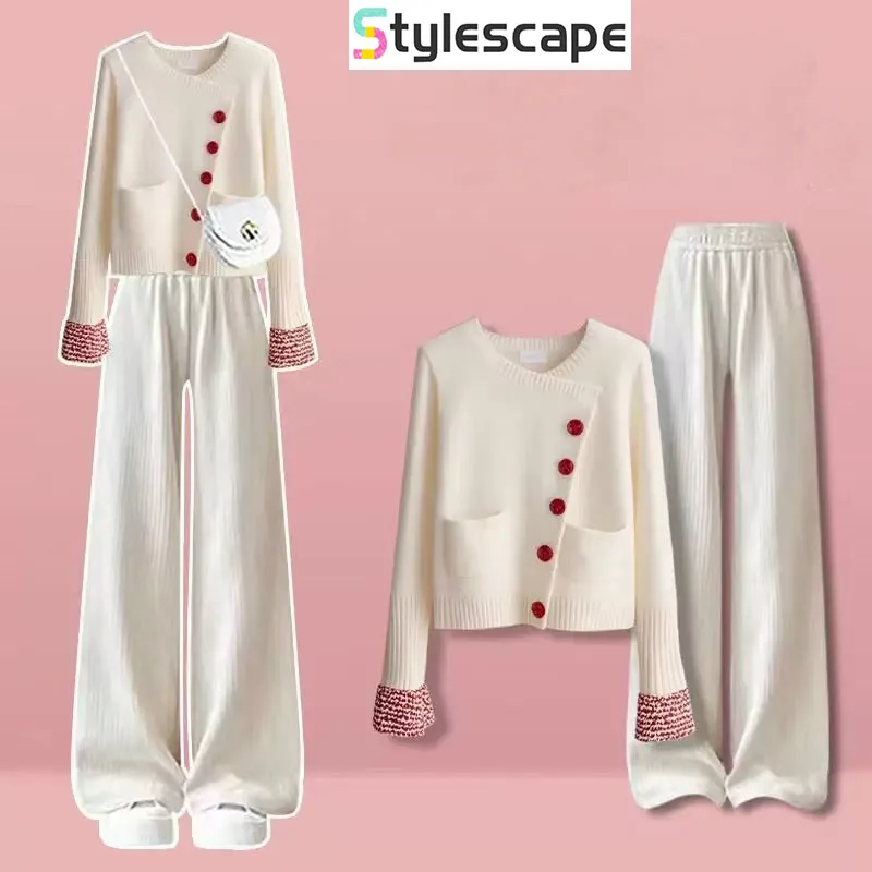 

Autumn Western Style Set, Women's Small Fragrant Style Gentle Knitted Cardigan High Waist Casual Wide Leg Pants, Two Piece Set