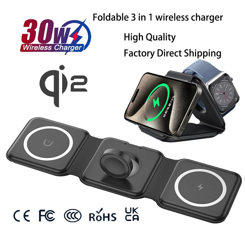 Universal Qi2 Magnetic Foldable Charging Station 30w Travel Charger for iPhone Samsung Xiaomi OPPO 3 in 1 Wireless Charger
