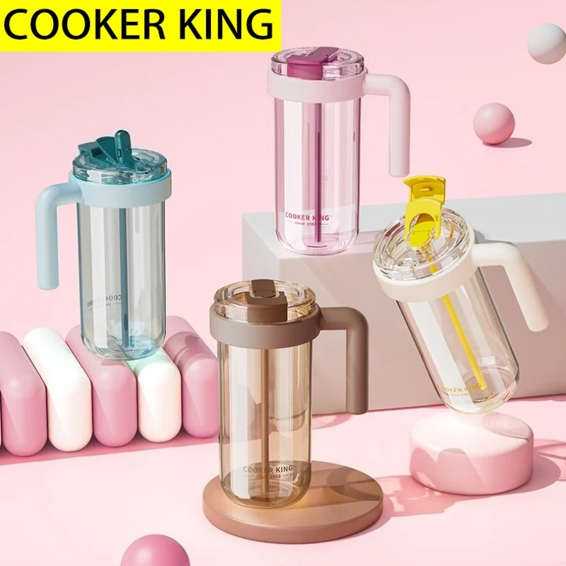 

COOKER KING 1PC Water Bottle with Straw and Lid, Leak-proof Flip Straw, Reusable Iced Coffee Cup with Handle, Lead-Free