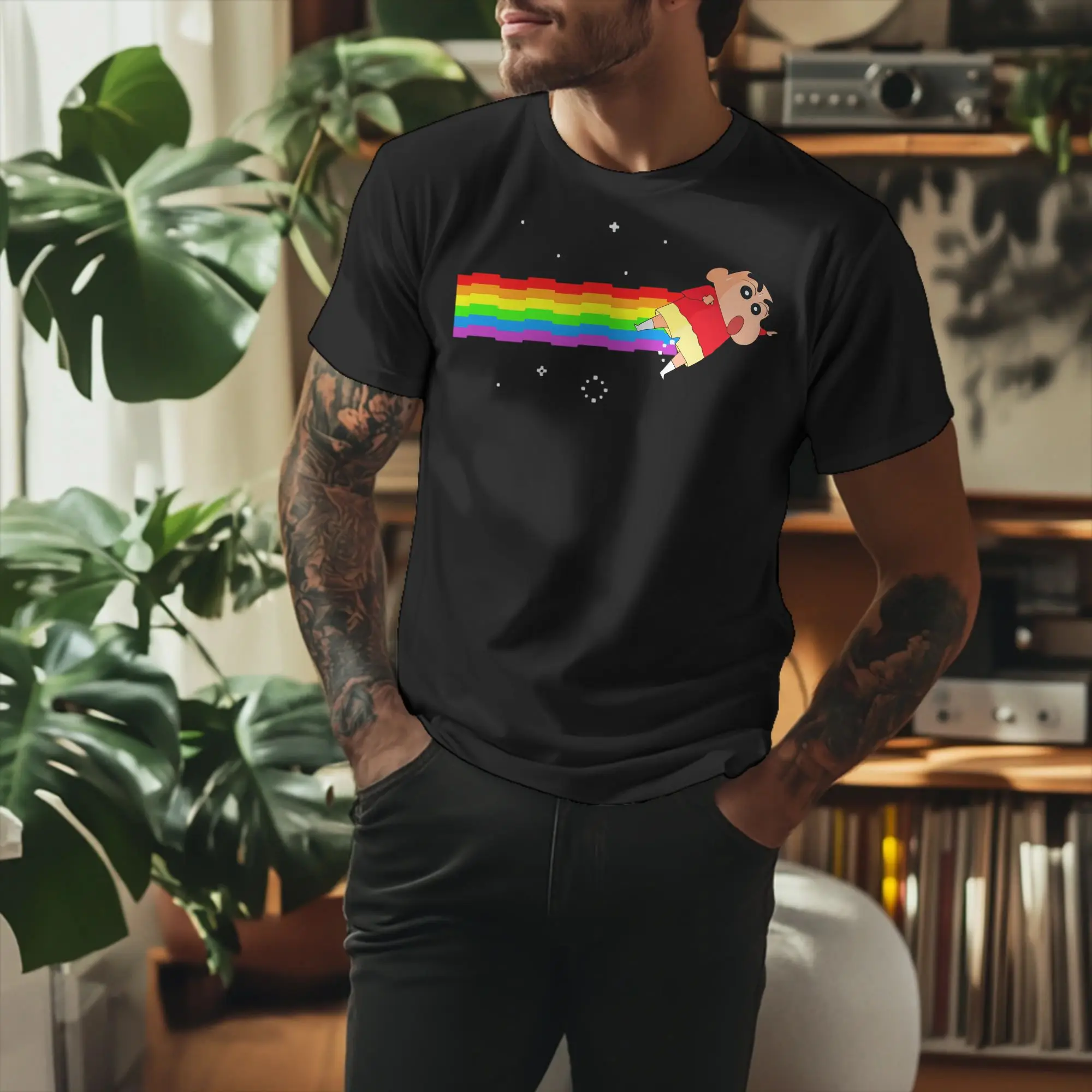 Crayon Shin-chan Nyan Cat T-Shirt for Men Women  Vintage Pure Cotton Tee Shirt Crew Neck Short Sleeve T Shirt Summer Tops