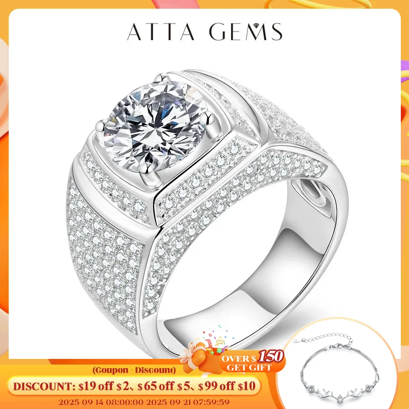 

ATTAGEMS Classic 925 Sterling Silver Rings Men Wedding Silver Diamond Engagement 3.0Ct 9.0mm D Color Moissanite Ring for Men