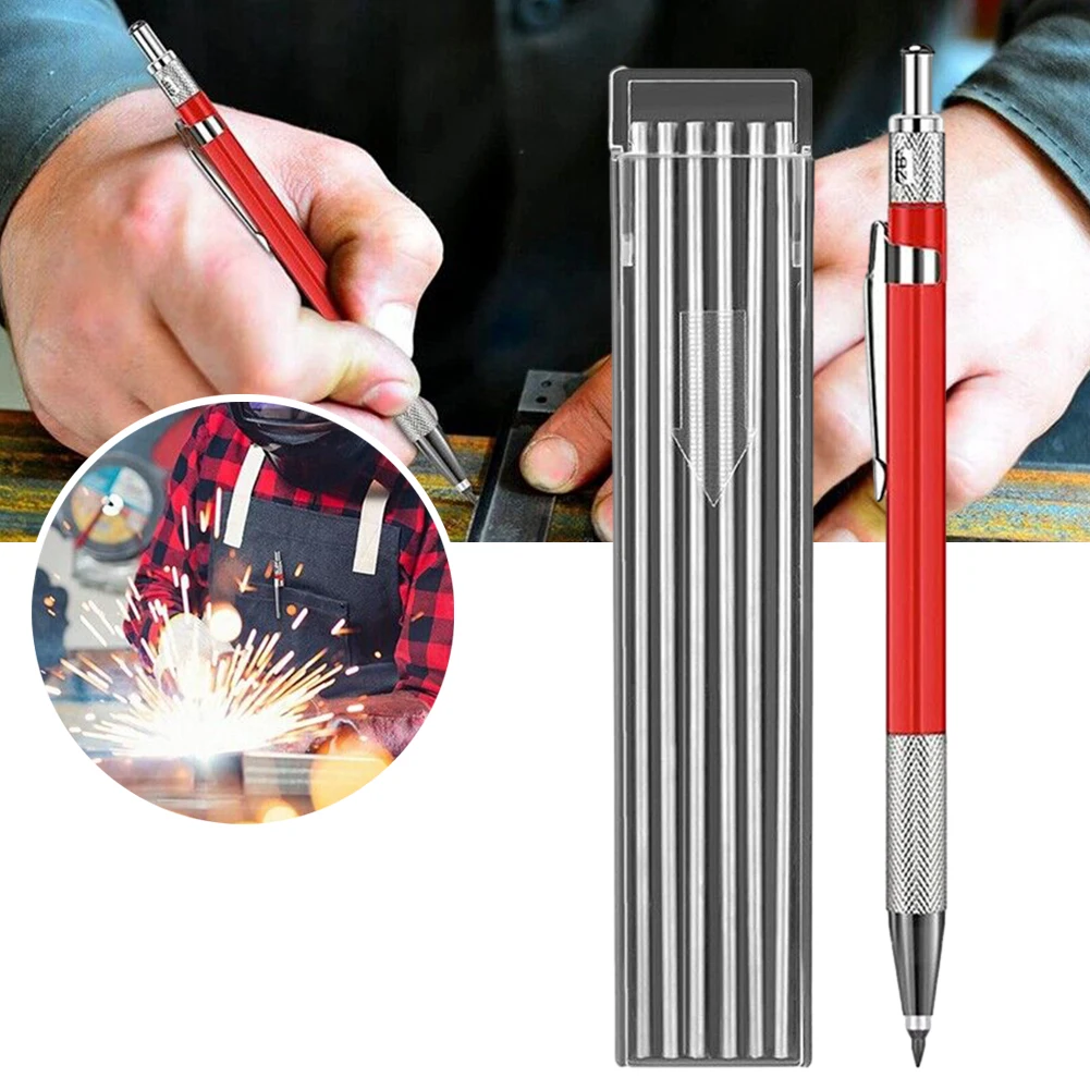 Welding Pencil With 12PCS Silver Streak Refills Mechanical Metal Marker  Welding Fabrication Red Equipment Accessories