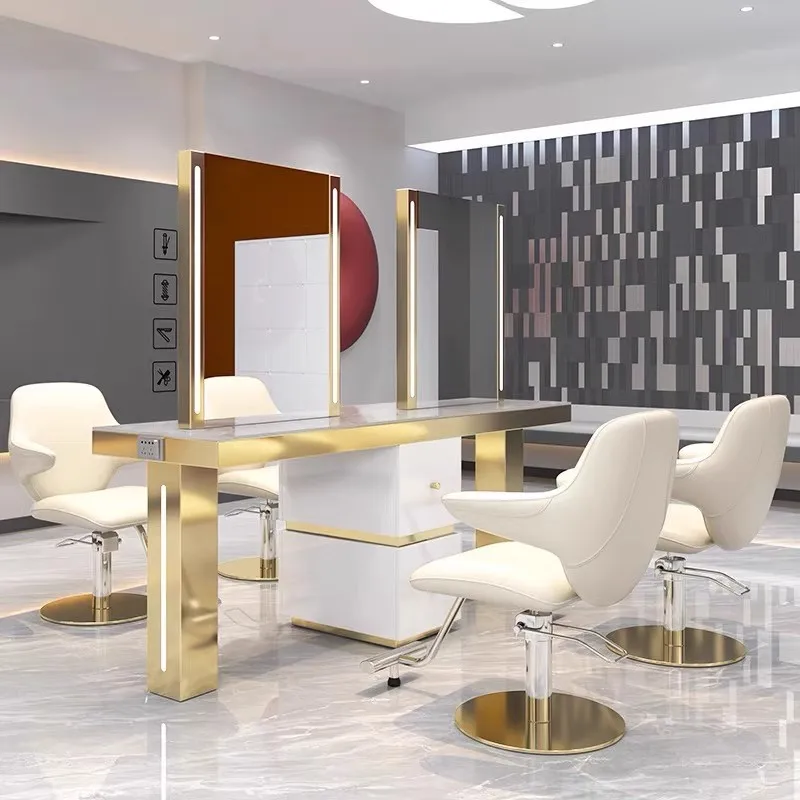 Wholesale Modern Luxury LED Light Metal Glass Barber Shop Spa Hair Mirror Table High-Definition Imaging Durable Beauty Salon
