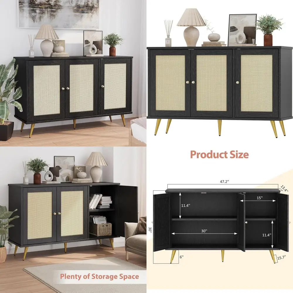 

Large Rattan Storage Cabinet, Modern Sideboard Cabinet, Accent Large Storage Space Cabinet with Rattan Decorated Doors for Livin