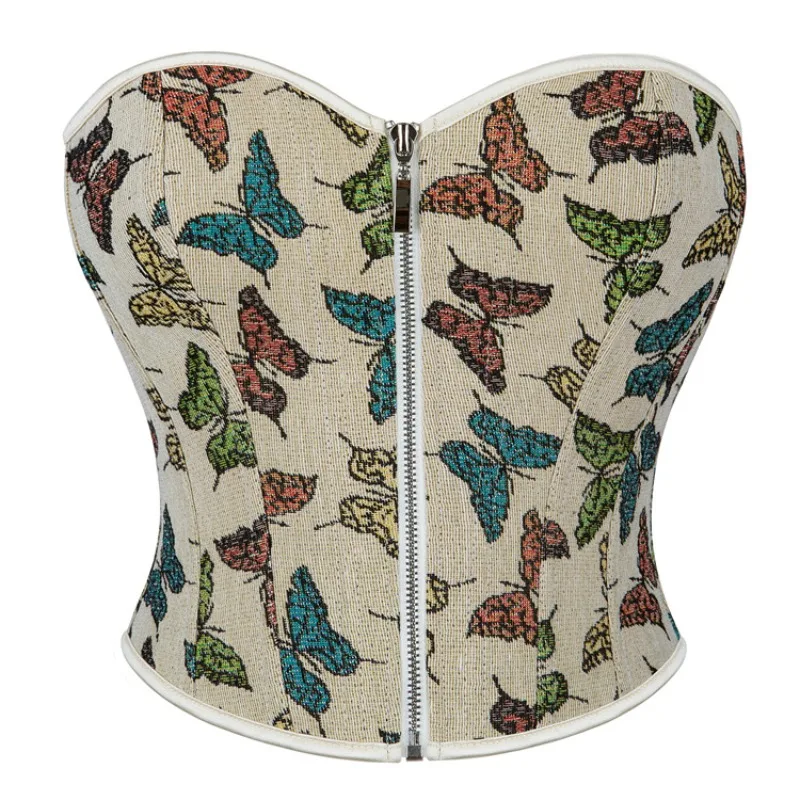 

Retro Corset with Zipper Front Medieval Renaissance Bodice Butterfly Print Strapless Short Sexy Bustier Tops Female Boned Corset