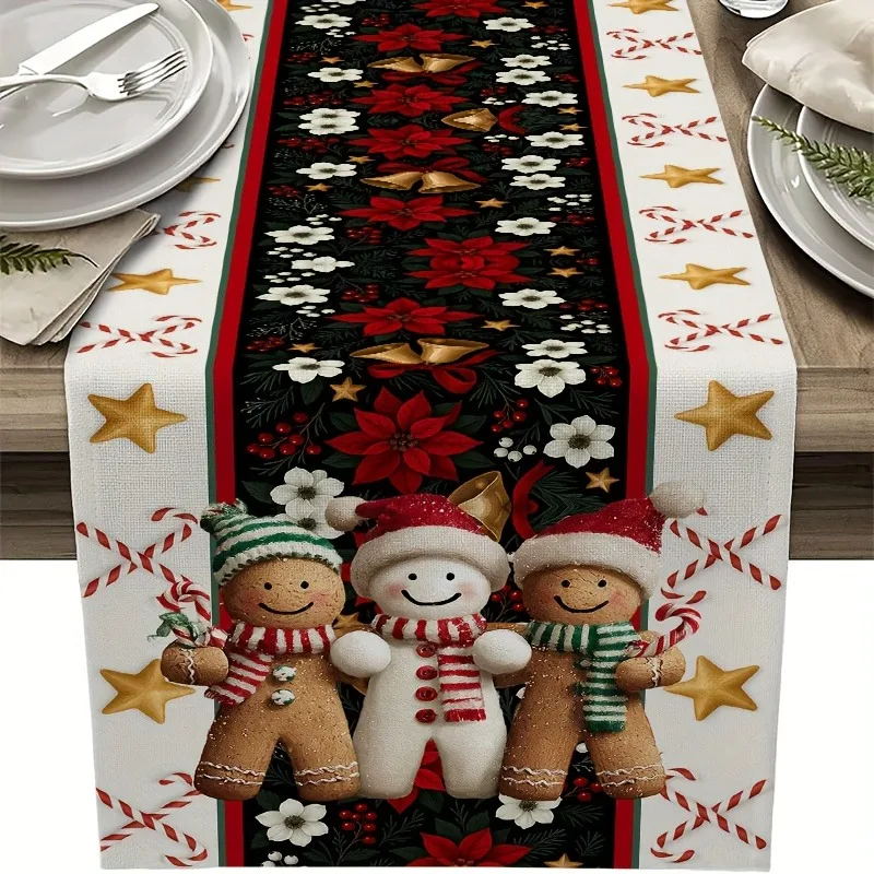 

Gingerbread Man and Snowflake Table Runner Christmas Decor for Farmhouse Kitchen Dining And Indoor Home Party Decoration