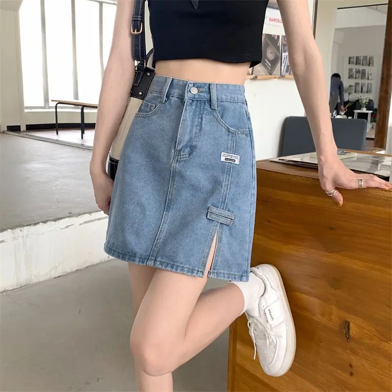 Chubby Woman Denim Skirt With Slit Jeans Skirts For Women High Waist V Modest Offer Original Hot Cheap Korean Fashion Aesthetic