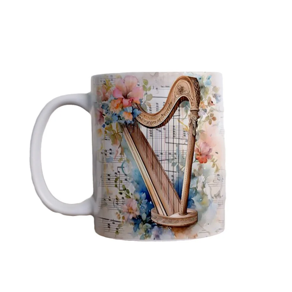 Music Theme Ceramic Mug, Violin, Piano, Harp, Saxophone Pattern Water Cup
