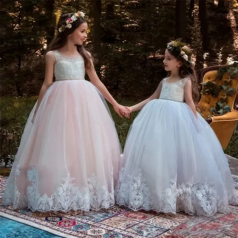 

Flower Girl Dresses Tulle Fluffy Sleeveless Ball First Communion Wedding Party Gowns Tulle Crystals Bow Custom Made Clothing