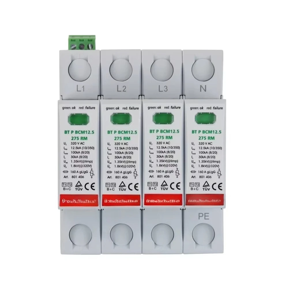 

AC SPD surge protector 320V/230V/400V 12.5ka 30kA 60kA 65kA T1 + T2 4P TUV three-phase surge protection for tn-s