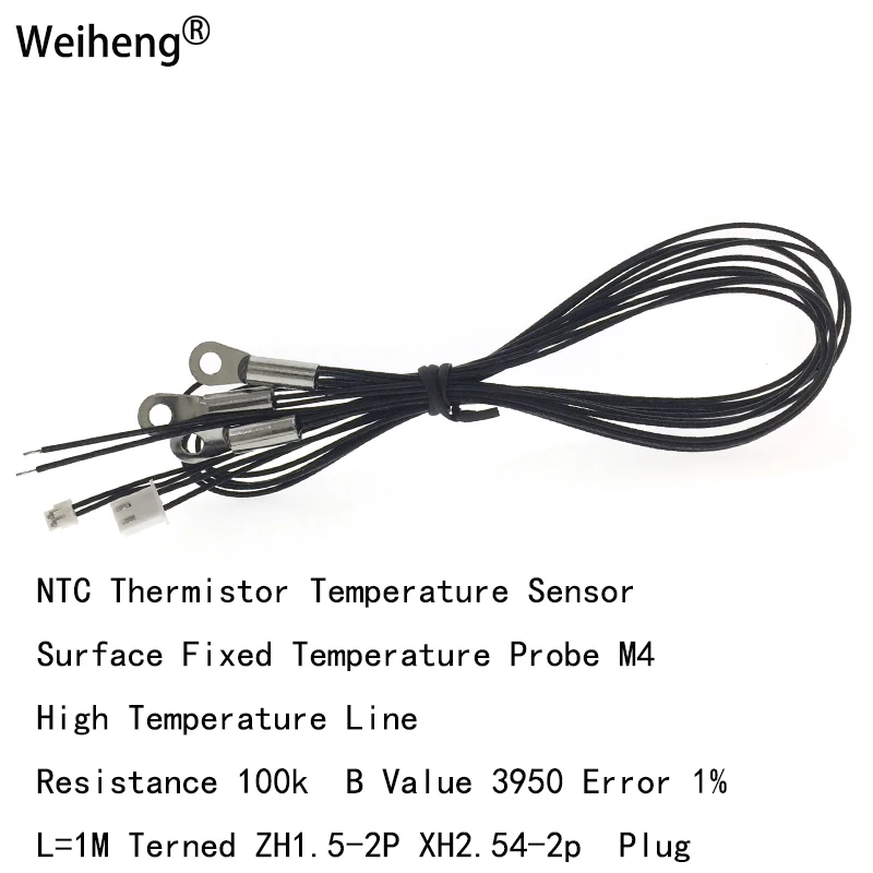 10PCS Surface Fixed Probe M4 High Temperature Line  Resistance 100k   B Value 3950 Error 1% L=50CM  Terned  25CM ZH1.5-2P Plug