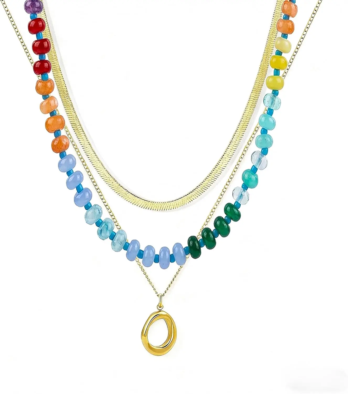 

Layered Colorful Beaded Necklace Adjustable Snake Chain Circle Pendant Bohemian Stackable Jewelry Gift for Women
