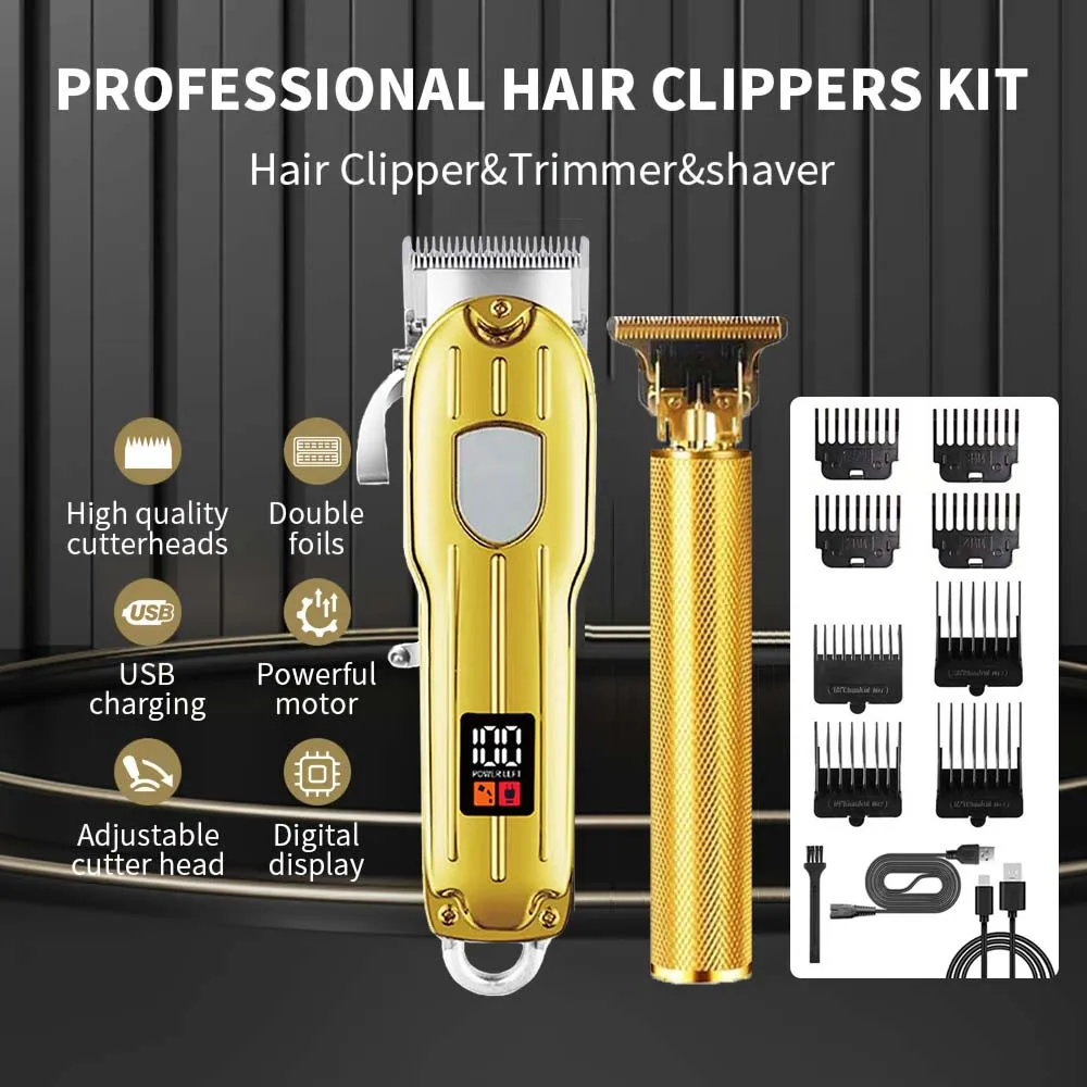 2 in 1 Electric Hair Clipper & T-Blade Trimmer Set for Men – Cordless Beard Shaver & Haircut Machine with LCD Display, USB Rechargeable Grooming Kit with 8 Guide Combs