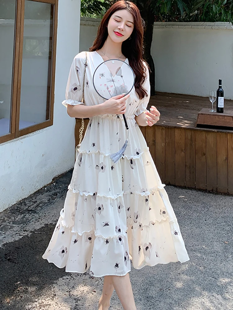 2025 White Chiffon Foral Chic Ruffled Casual Long Dress Summer Boho Elegant Holiday Dress Women Korean Bodycocn One Piece Dress