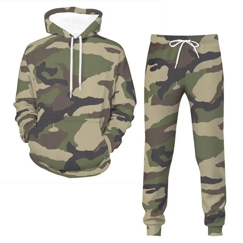 2024 New Hoodie European and American Set Men's 3D Camouflage Printed Hoodie+Pants Casual Sportswear 2-piece Set Top