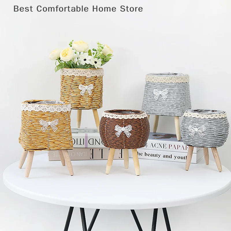 

Fashion Rattan Woven Flower Pot Creative Flower Planters With Legs Durable Hand Wove Plant Stand Desktop Plant Pot Basket