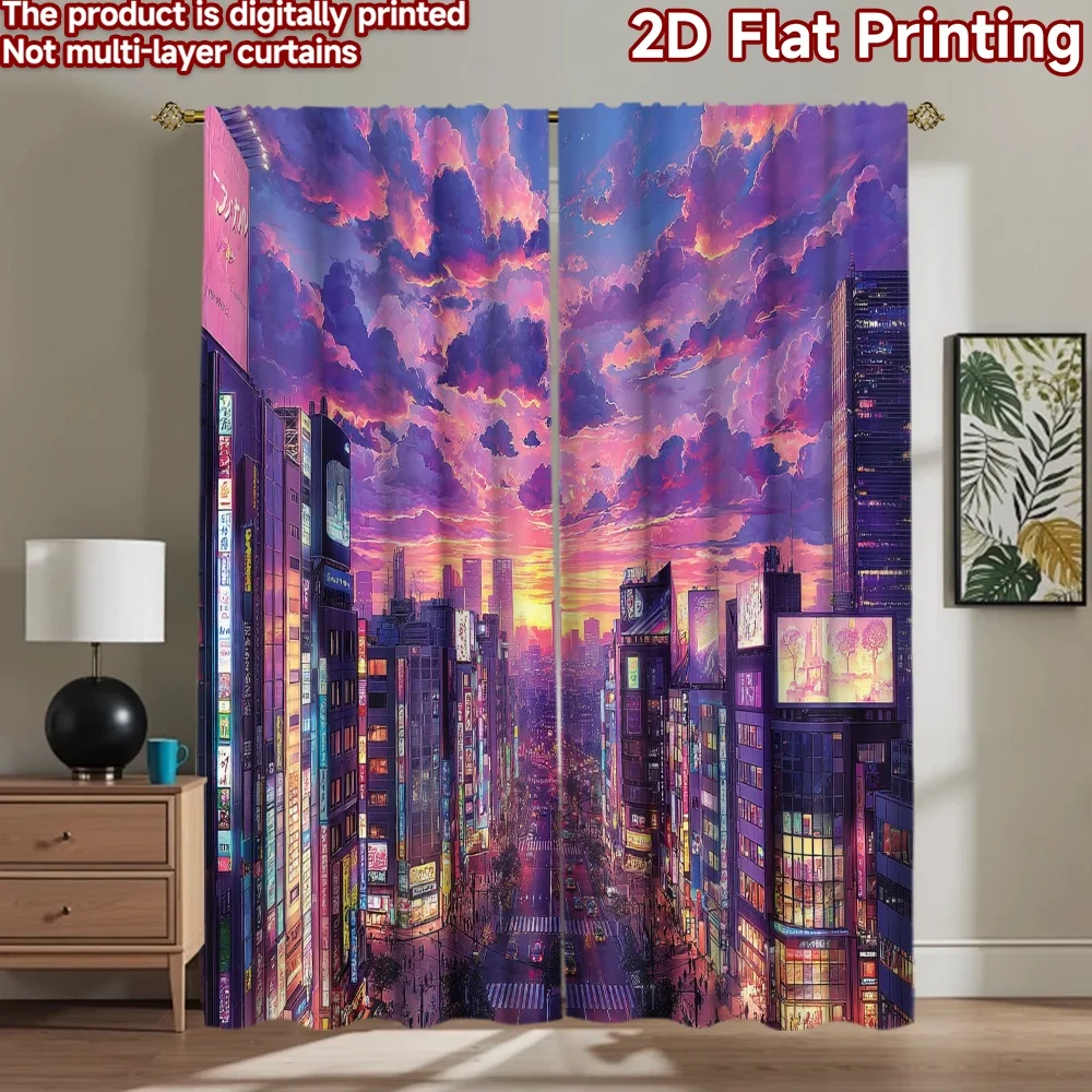 2D flat printing 2pcs Window Curtains Anime Cityscape Neon Night Digital Printed Polyester Drapes Birthday Party for Photo
