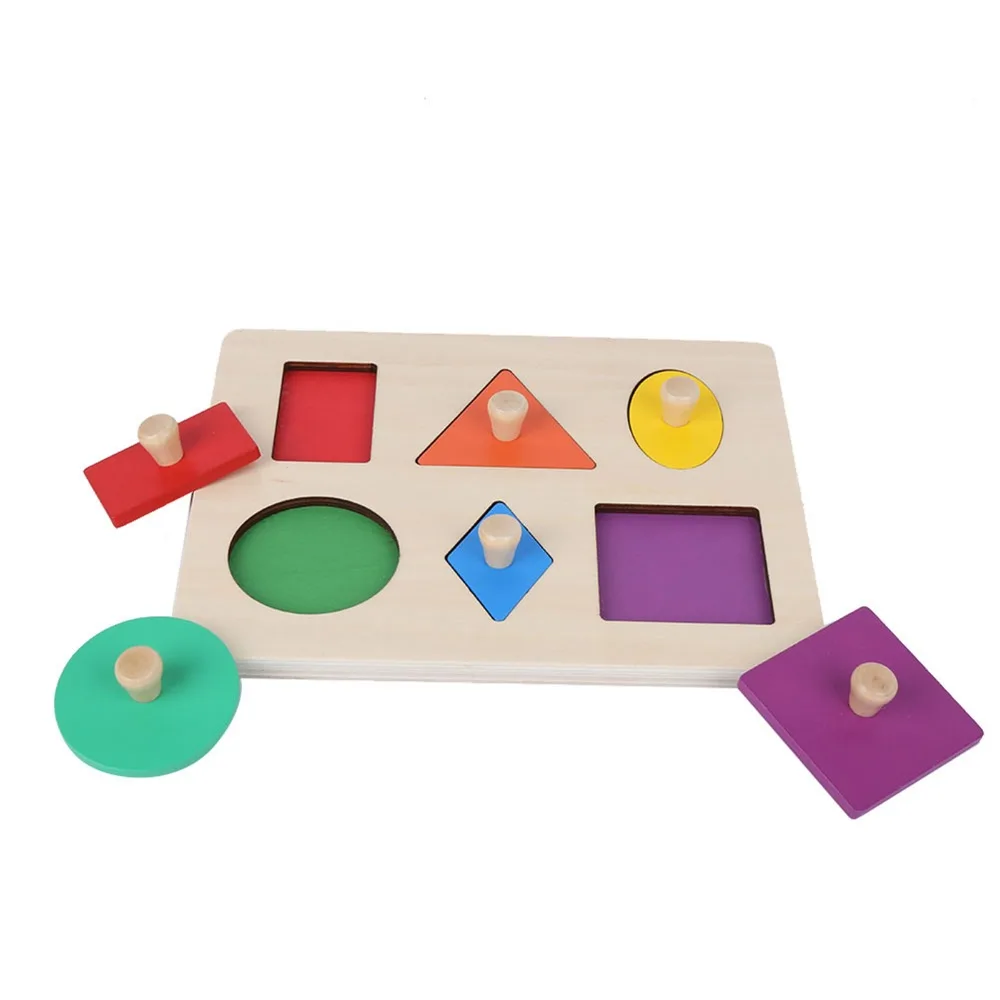 Colorful Wood Shape Puzzle Solid Construction Fine Motor Skill Geometric Shape Board Hand Eye Coordination Geometric Shape Toy
