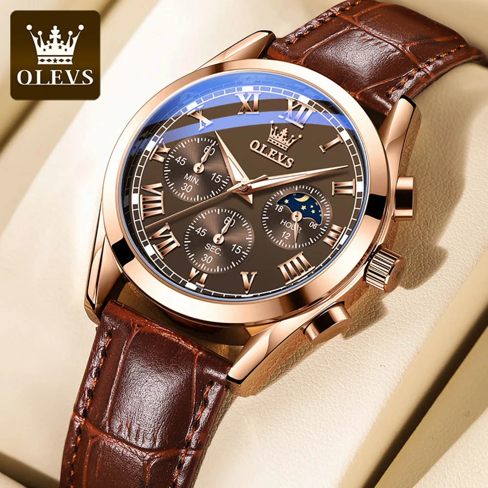 

OLEVS 2871 Mens Watch Quartz Watch Multifunctional Chronograph Watch For Men 30m Waterproof Luminous Moon Phase Box Original