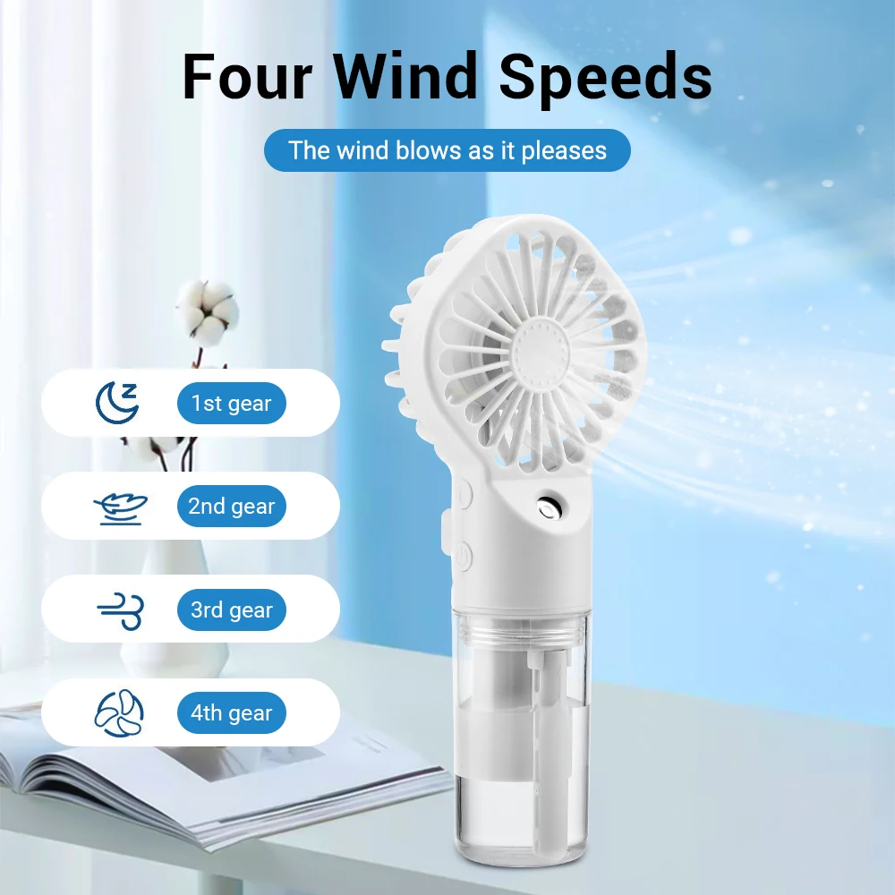 Rechargeable Mini Fan Handheld Water Mist Fan 4 Speed Wind Humidification Spray Hydration Fan Summer Cooling Outdoor Office