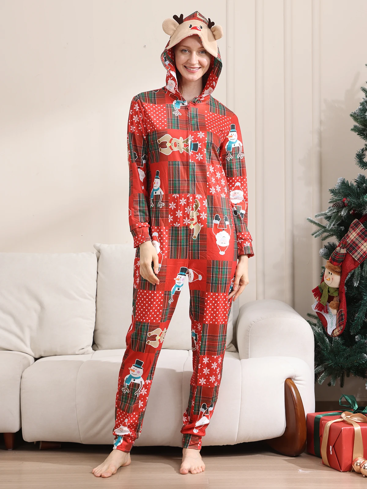 2026 New Family Christmas Outfits Parent-child Matching One-piece Suit Romper Cute Print Zipper Elk Ear Hooded Onesie Xmas Look