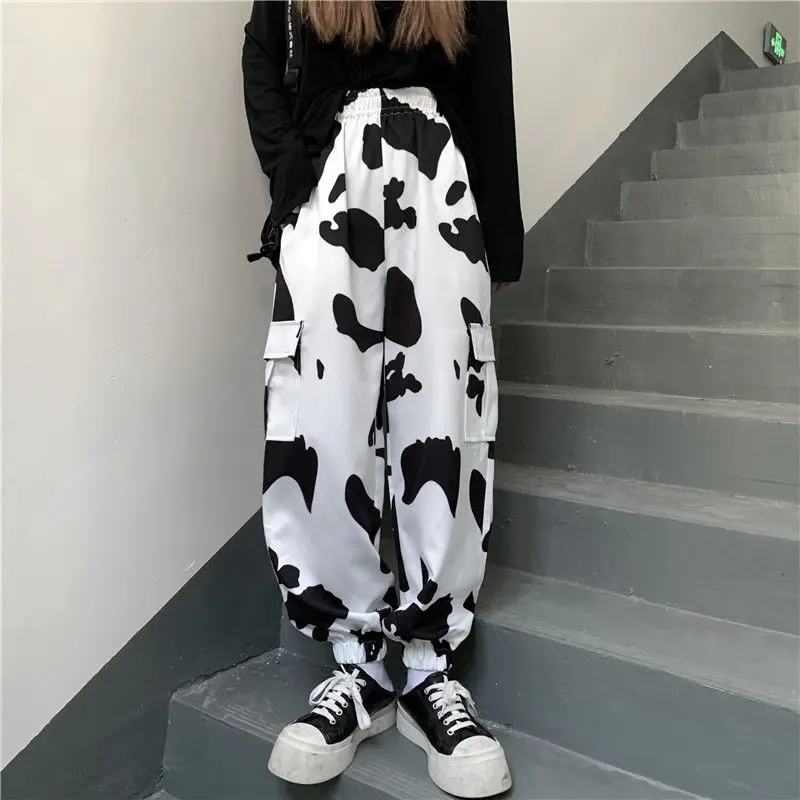 Cow Print Pants Women Korean Style Wide Leg Pants Harajuku Trousers Autumn Multiple Pockets Sweatpants Clothes Streetwear Women