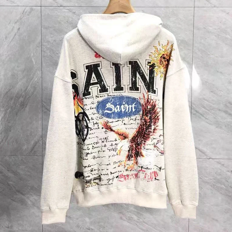 High Street Retro Youth Men's Women's Loose SAINT Hoodie High Quality Washed Do Old Abstract Print Saint Hooded Sweatshirts